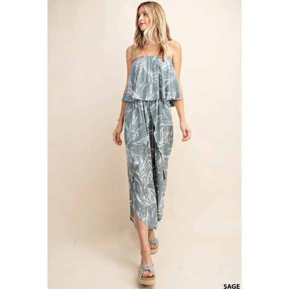 Kori Tropical Leaf Ruffled Strapless Jumpsuit Slit Tulip Pant Romper Size Medium - Picture 1 of 5